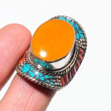 Yellow Coral Tibetan Turquoise Gemstone Ring Antique Boho Nepali Jewelry NR 3236
