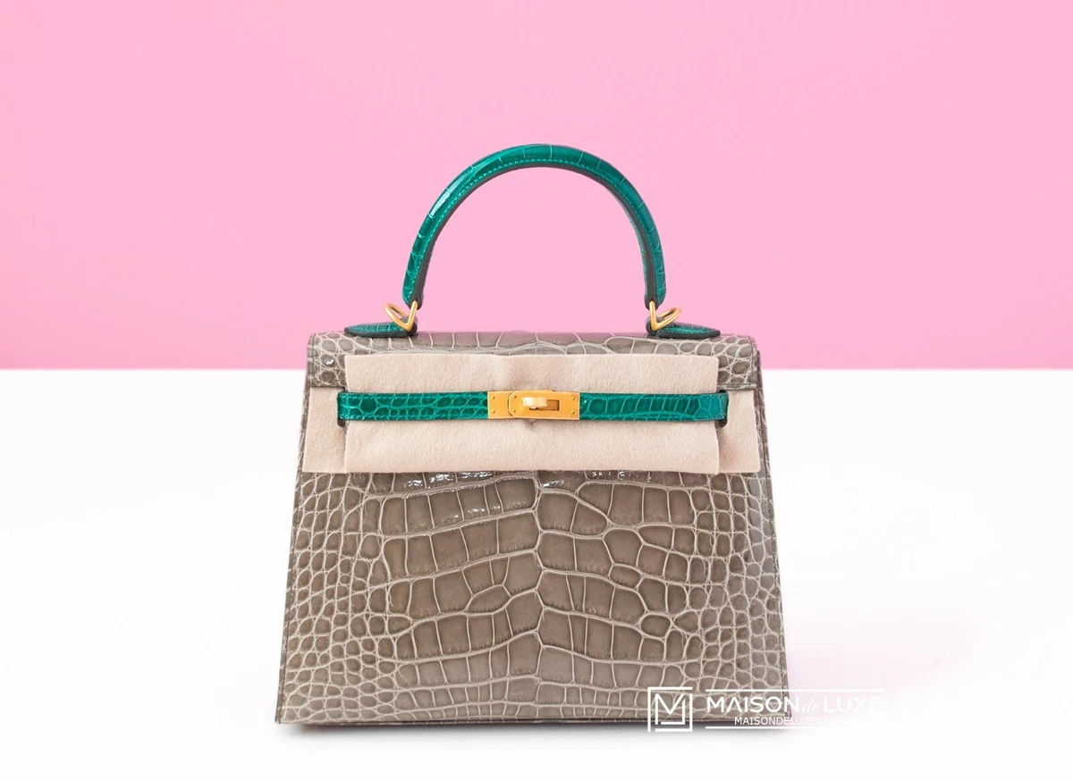 NEW HERMES HSS GRIS TOURTERELLE VERT EMERAUDE EMERALD SELLIER KELLY 25  CROCODILE