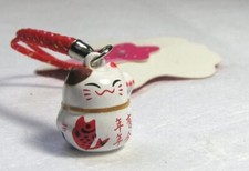 Fengshui Lucky White Maneki Neko Cat Bell 5/8" Auspicious Key Chain;001
