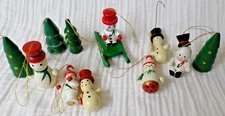 Vintage Christmas Lot Of 11 Mini Assorted Snowman and Trees Wooden Ornaments 