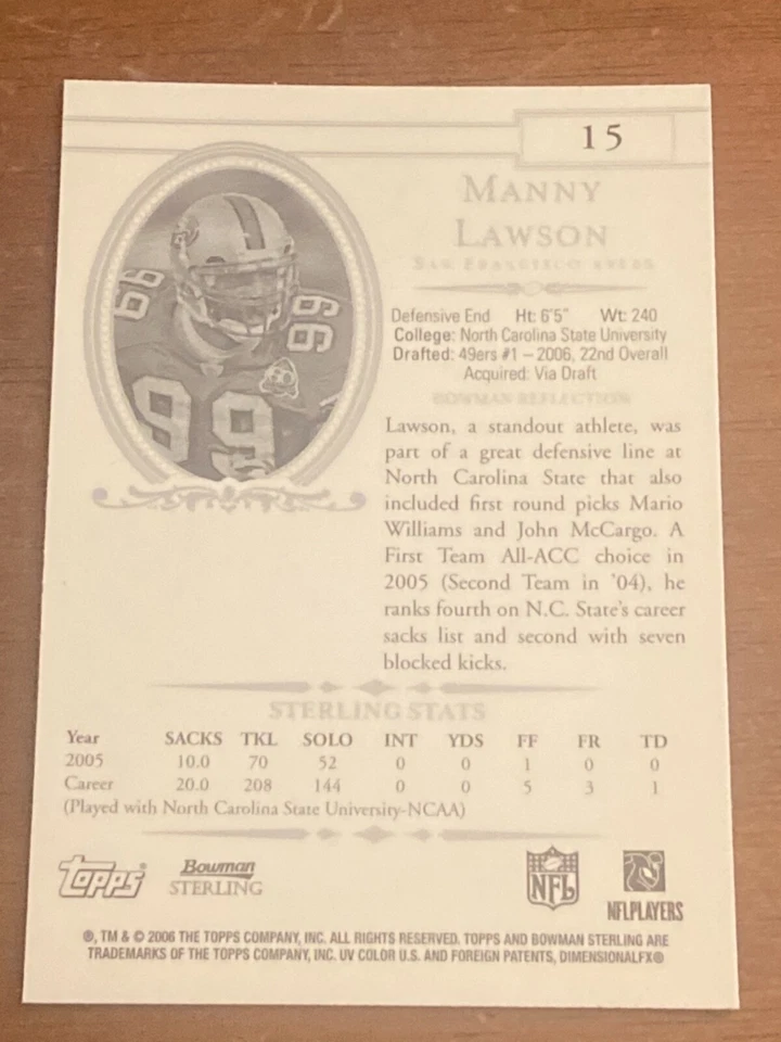 2006 Bowman Sterling RC Manny Lawson #15 San Francisco 49ers - Image 2 of 2