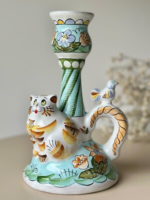 Jaroslawl Majolika handbemalter Katzenkerzenhalter - Volkskunst floral - Russland