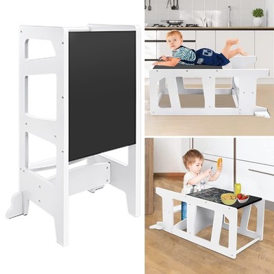 Montessori Lernturm mit Whiteboard 2-in-1 Tritthocker wird zu Kindertisch Stuhl