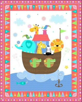 Noahs Ark Pink Baby Wall hanging Quilt top Panel Fabric 100% cotton