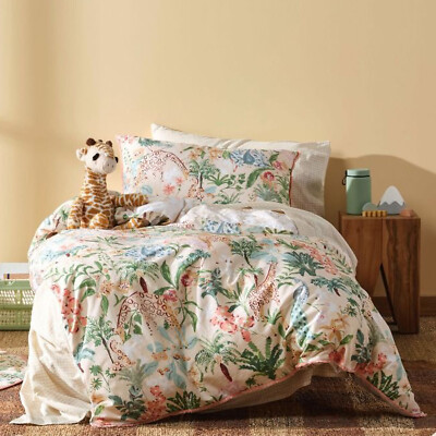 Linen House Kids Gentle Giants Quilt Cover Set. Reversible. Giraffes & Peacocks 