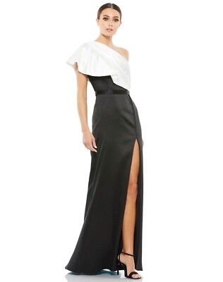 Ieena Mac Duggal Black White Colorblock One-Shoulder Satin