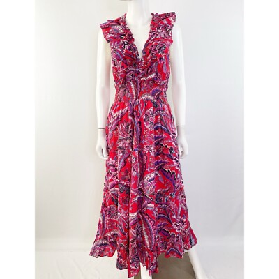 Caroline Costas Red Ruffle Smocked Paisley Floral Maxi Dress Size M V Neck Boho