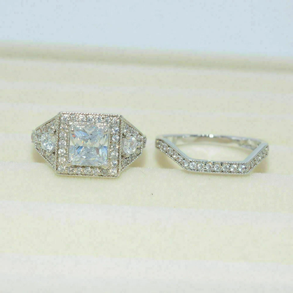 3Kt Prinzess Diamant Halo Hochzeit Ring Braut Set Verlobungsring Weißgold-Finish - Bild 3 von 4