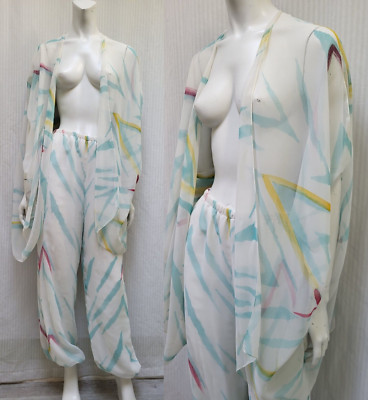 Vintage 2 Piece 1980's Abstract Print Chiffon Top & Harem Pants - Size S