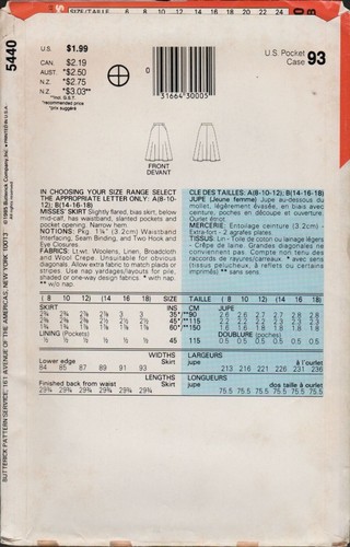 Butterick See & Sew 5440 Flared Bias Cut Skirt Pattern 1980s Size 14 16 18 Uncut - Picture 2 of 4