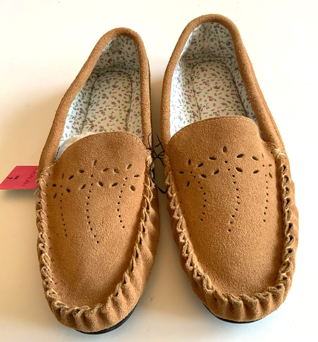 Matalan Ladies Tan Moccasin Slippers Size Faux Leather Floral