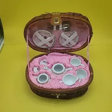 Delton Products Pink Rose Pattern Porcelain Child Tea for 2 Tea Set/Basket USED