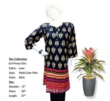 Naz Collection, Girl Multi-Color Printed Lawn Shirt, Tops, Color Black, Medium