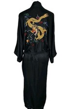 Vintage Pearls Silk Embroidered Dragon Robe Kimono Black Womens Sz M