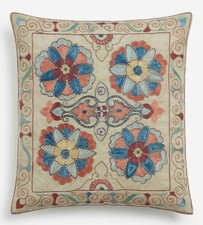 19"x21" 100 Silk Suzani Cushion Cover, Floral Hand Embroidery Accent Pillow