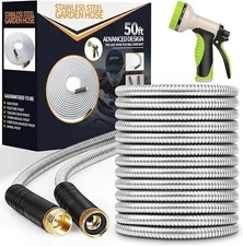 50ft Heavy Duty Stainless Steel Garden Hose w/10 Function Nozzle Flexible Hose