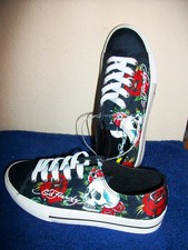 NWT ED HARDY BLACK LOW TOP CANVAS SKULL SNEAKERS, WHITE LACES SOLE, WOMEN 9
