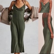 NEW Anthropologie BHLDN Moss Green Satin Cowl Neck Slip Dress Maxi XL NWT $120