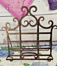 Vtg. Bronze Wrought Iron Cook Book Stand with Weighted Page Holders & Chains