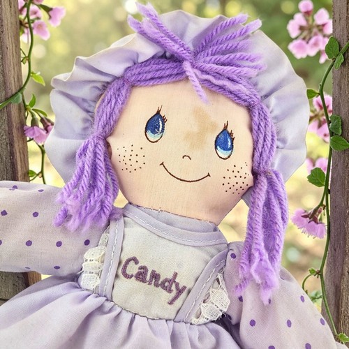 VTG My First Doll Purple Stuffed Rag Yarn Hair Candy Dress Kids of America READ