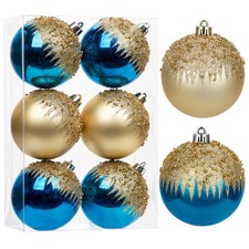 6PCS Christmas Tree Ornament Balls 3.15'' Blue and Gold Shatterproof Decorati...