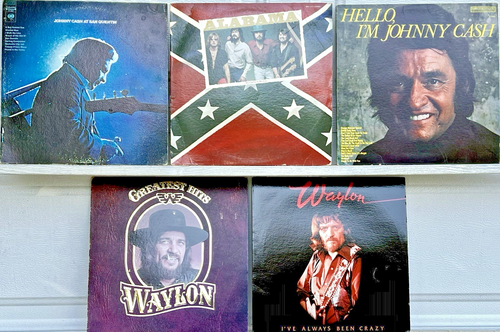 5 VINTAGE COUNTRY & WESTERN VINYL RECORD ALBUM LOT JOHNNY CASH WAYLON ALABAMA