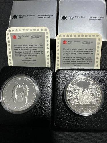 Canada Silver Dollar Pair .500 Silver Proof 1988 1989 W/ Box And Paperwork
