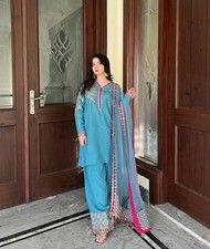 New Latest Teal Blue Natural Crepe Top Palazzo With Dupatta For Indian Party