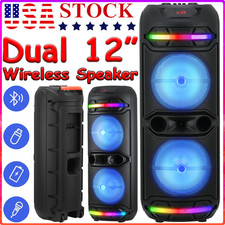 Dual 12" Rechargeable Bluetooth Karaoke Party Speaker w/ Wireless Mic LED Lights