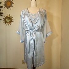 Vintage Y2K 90s Delicates Ice Blue Satin Nightgown And Robe Set Size Small