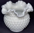 Vintage Fenton Hobnail Milk Glass Vase/Rose Bowl Crimped-Ruffled Edge 5" T/ 6" W