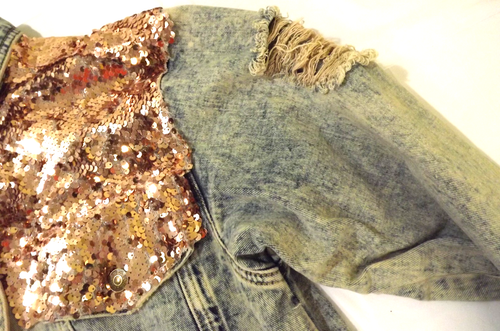 Lucky & Blessed L & B Sequin Denim Jean Jacket Distressed Frayed Women's Size Sm - Picture 11 of 12