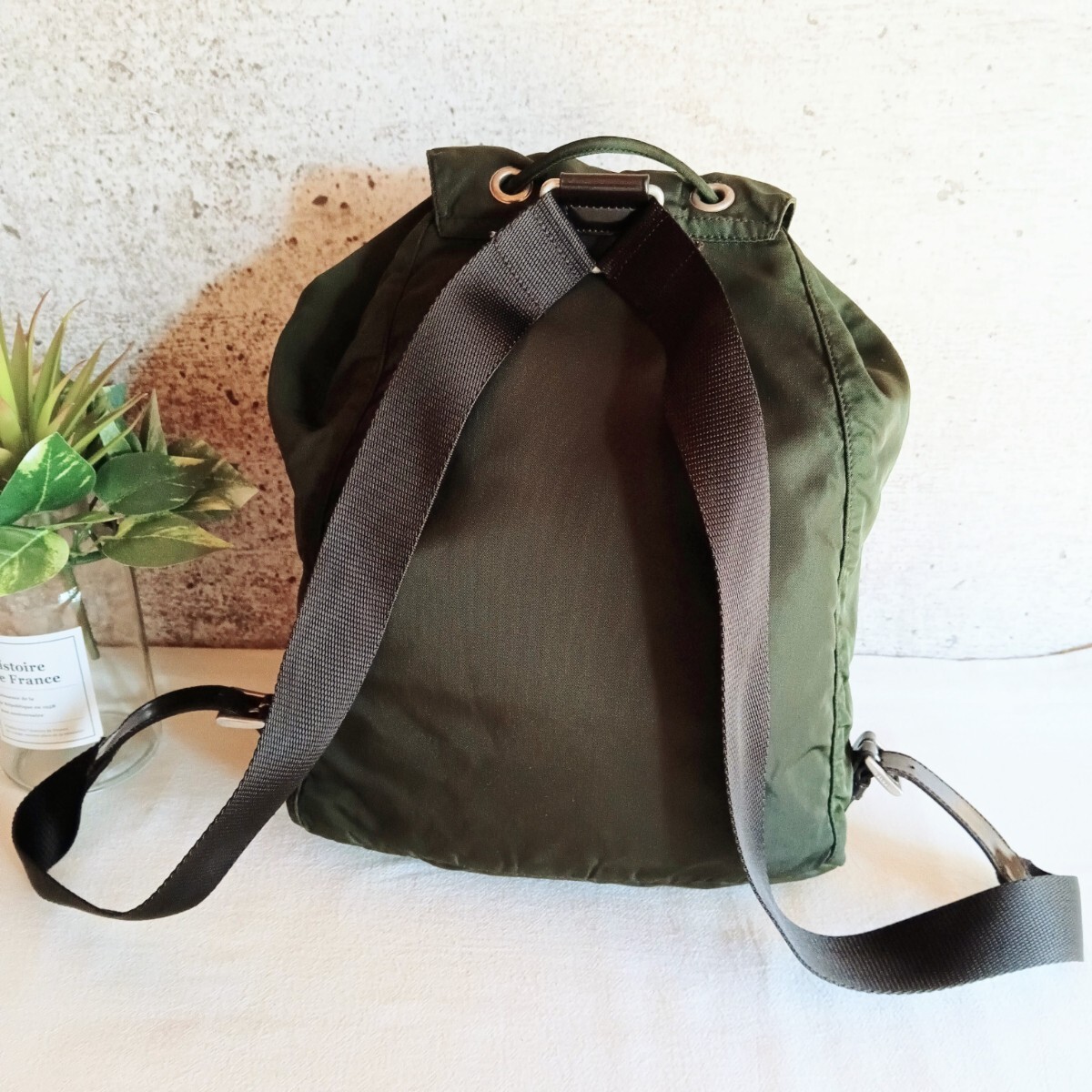 Good Condition Prada Vintage Olive Nylon Drawstring Backpack Ladies Men s from j thumbnail 3