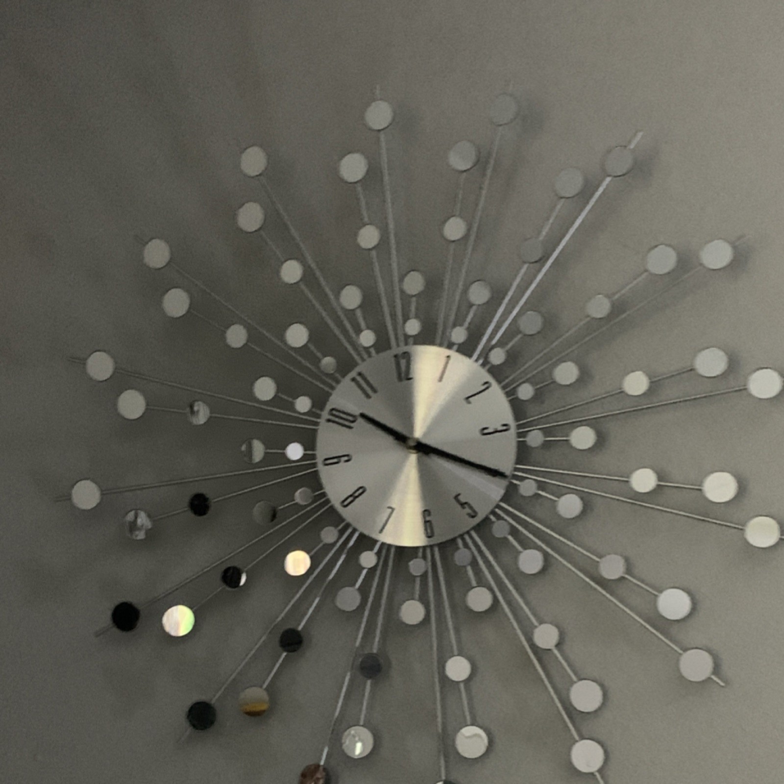 Modern Silver Sunburst Metal Wall Clock Analog Arabic Numerals Living Room