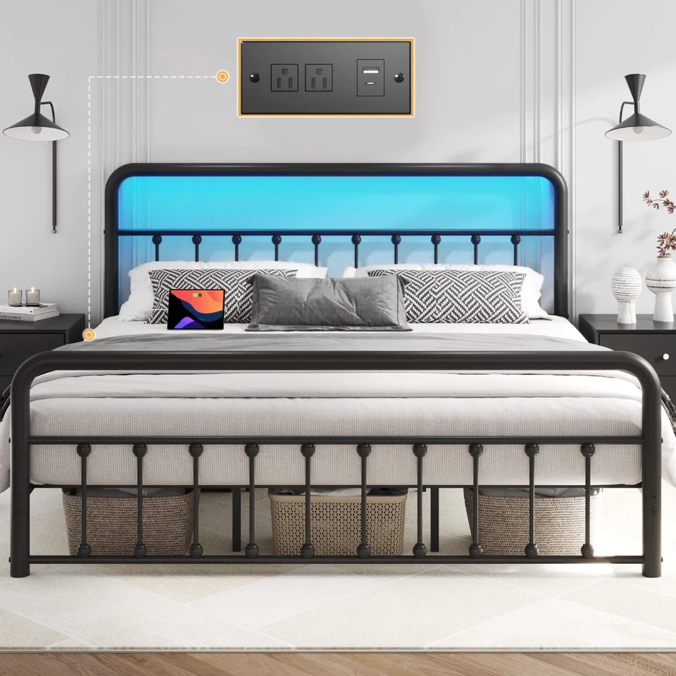 King Size Metal Headboard Footboard USB Port & LED Bed Antique Black Finish - Image 2 of 4