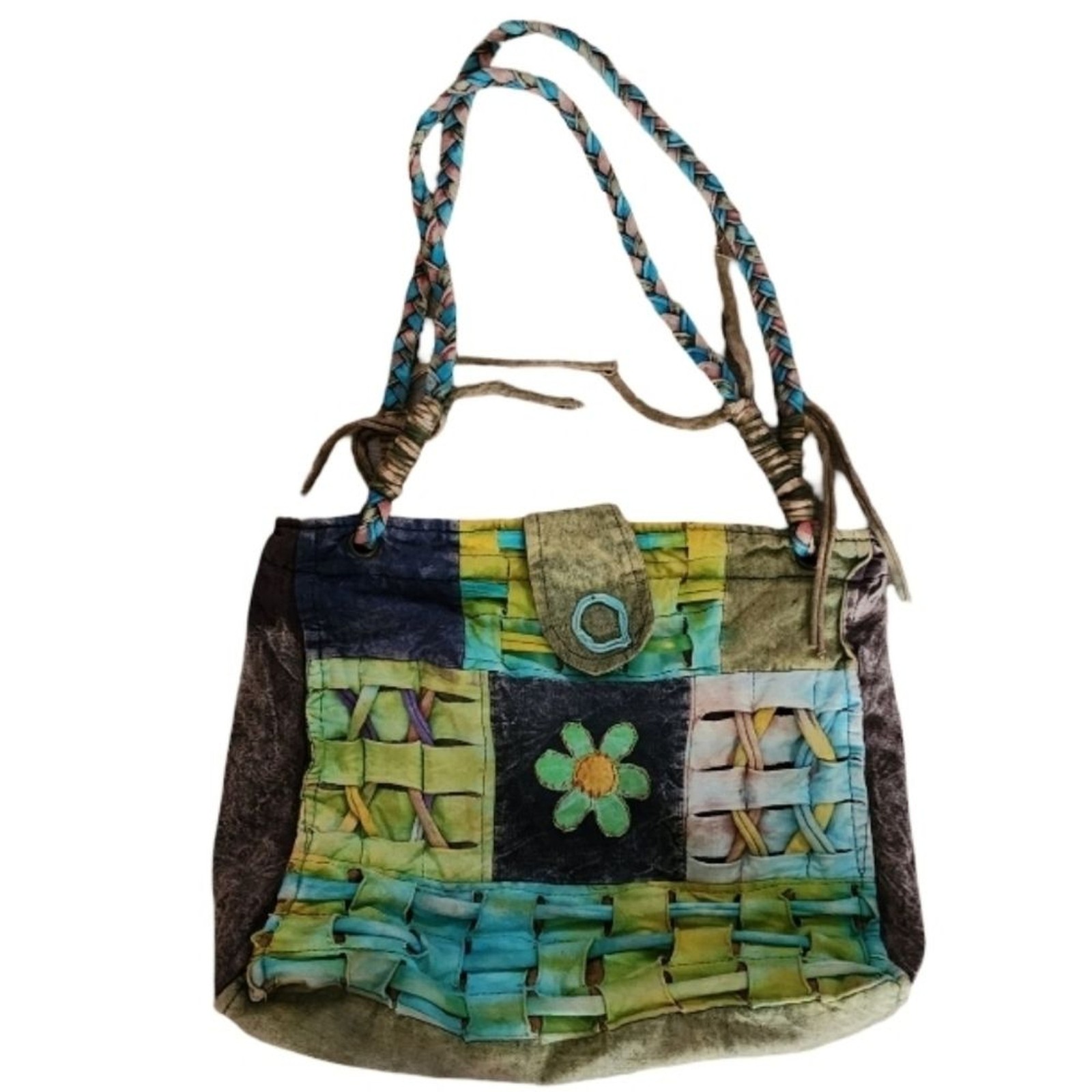 Boho Patchwork Shoulder Bag Multicolor Woven Latt… - image 1