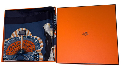 Authentic Hermes 90 Silk Scarf Blue Les Cabanes Carré 90 w/ Box France