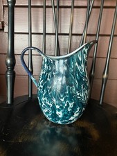 ANTIQUE GRANITEWARE ENAMELWARE TEAL GREEN/WHITE SWIRL PITCHER