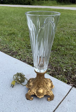 Table Lamp Gold Metal Base Clear Glass Floral Shade, Corded Inline Switch