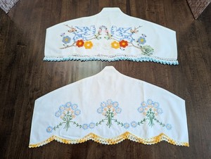 2 HANGER COVERS hm w/2 diff Up-cycled VTG-USA 100%cotton Hand Emb PILLOWCASES