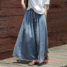 New Lady Denim Pleated Wide Leg Pants High Waist Trousers Jeans Loose Casual