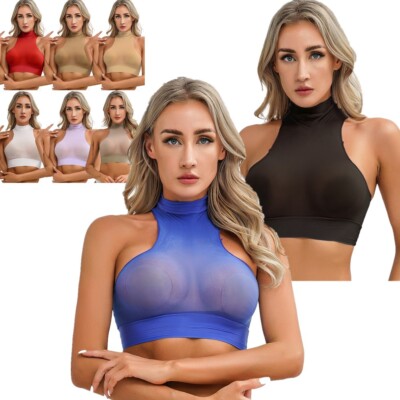 Womens Crop Top Sexy Vest Nightclub Tops Transparent Nightwear Sleeveless Sheer