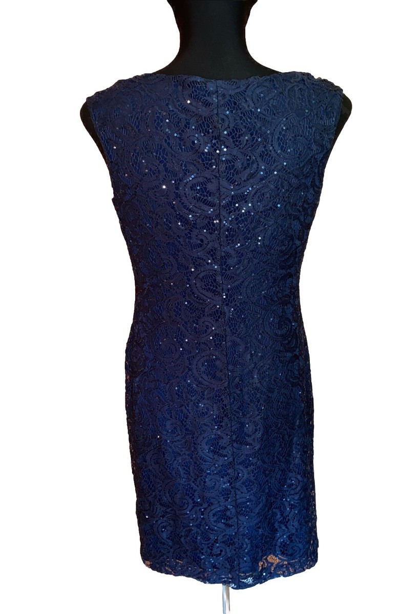 Ralph Lauren Sequin Lace Dress Sz 12 Navy Blue Sheath Side