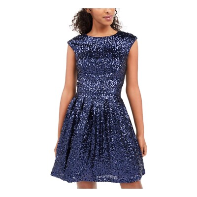 Emerald Sundae Womens Blue Sequined Cap Sleeve Jewel Neck Short Fit + Flare Party Dress Juniors Size: XL Emerald Sundae Womens Blue Sequined Cap Sleeve Jewel Neck Short Fit + Flare Party Dress Juniors Size: XL