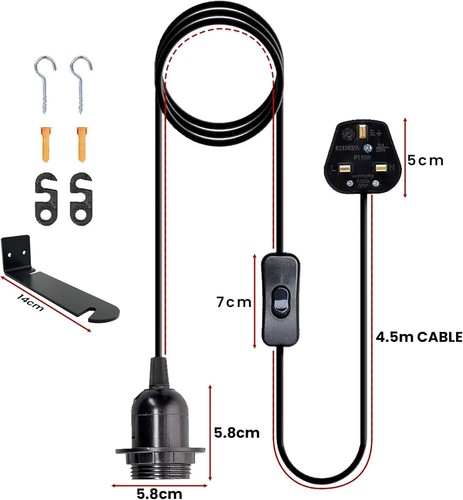 2m / 4,5m PVC Kabelsatz UK Stecker Pendelleuchte mit EIN/AUS Schalter E27 Lampen Set - Bild 70 von 79