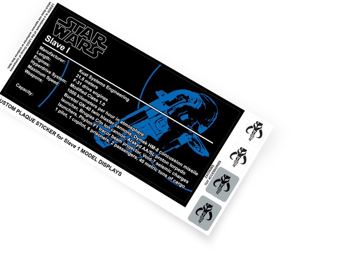 CUSTOM PLAQUE STICKERS for STAR WARS SLAVE 1 , Set 6209 8097 75060