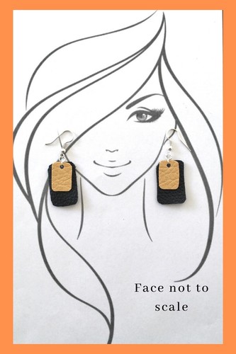 Leather Gold Black Rectangle Boho Statement Bar Dangle Cute Silver Hook Earrings - Picture 5 of 5