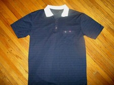 vtg 70s 80s CALVIN CHARLES SHIRT Navy Blue Polo White Collar CC Pocket Logo SM