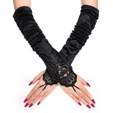 Long Fingerless Wedding Gloves Lace Satin Bridal Arm Sleeves 1920 Opera Black