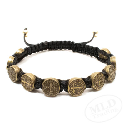 Black Macrame Saint St Benedict Medal Cord Bracelet - Adjustable, Bronze Medals